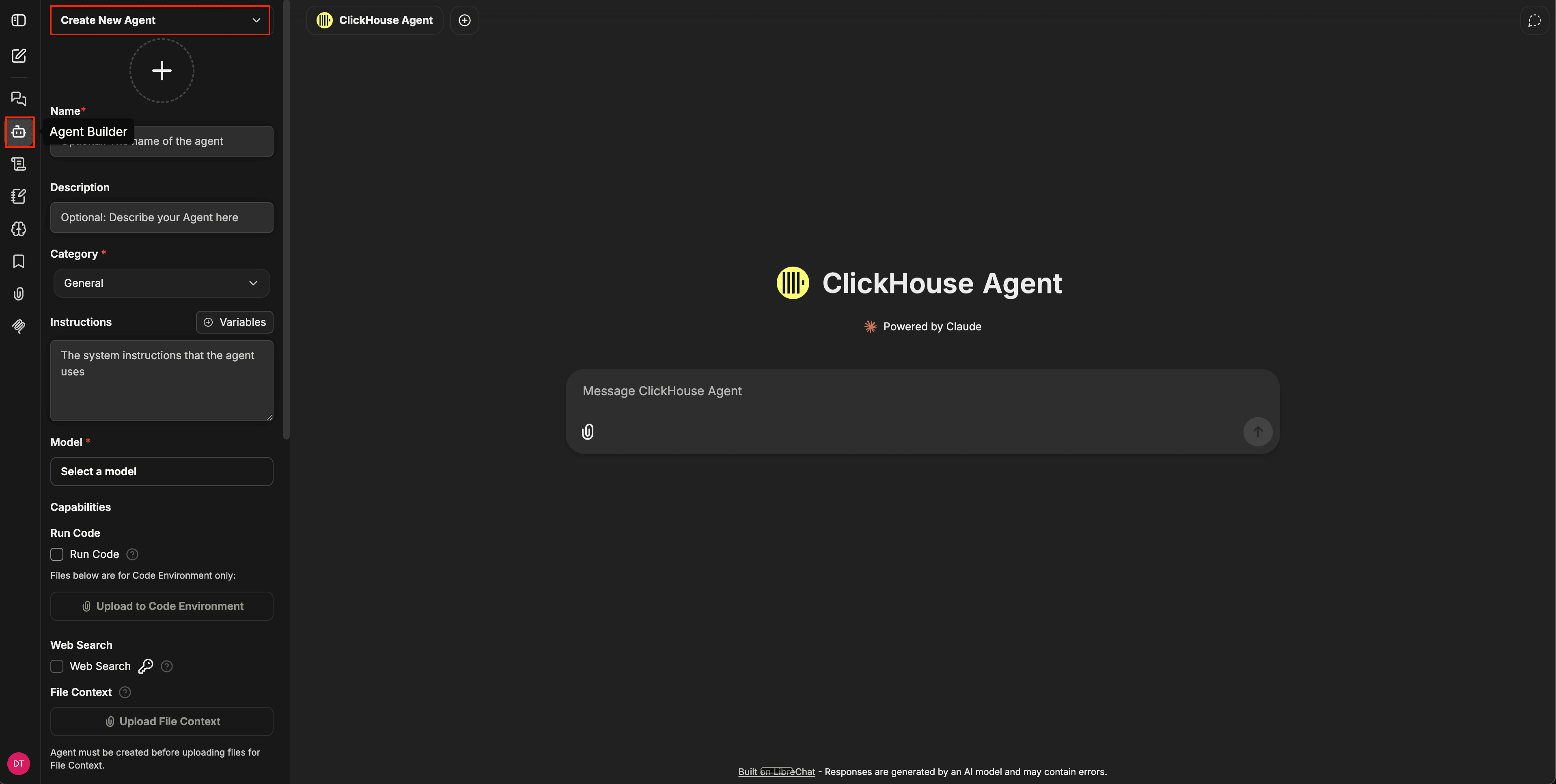 لوحة Agent Builder تعرض القائمة المنسدلة Create New Agent، وحقول النموذج (Name وDescription وCategory وInstructions وModel)، وقسم Capabilities