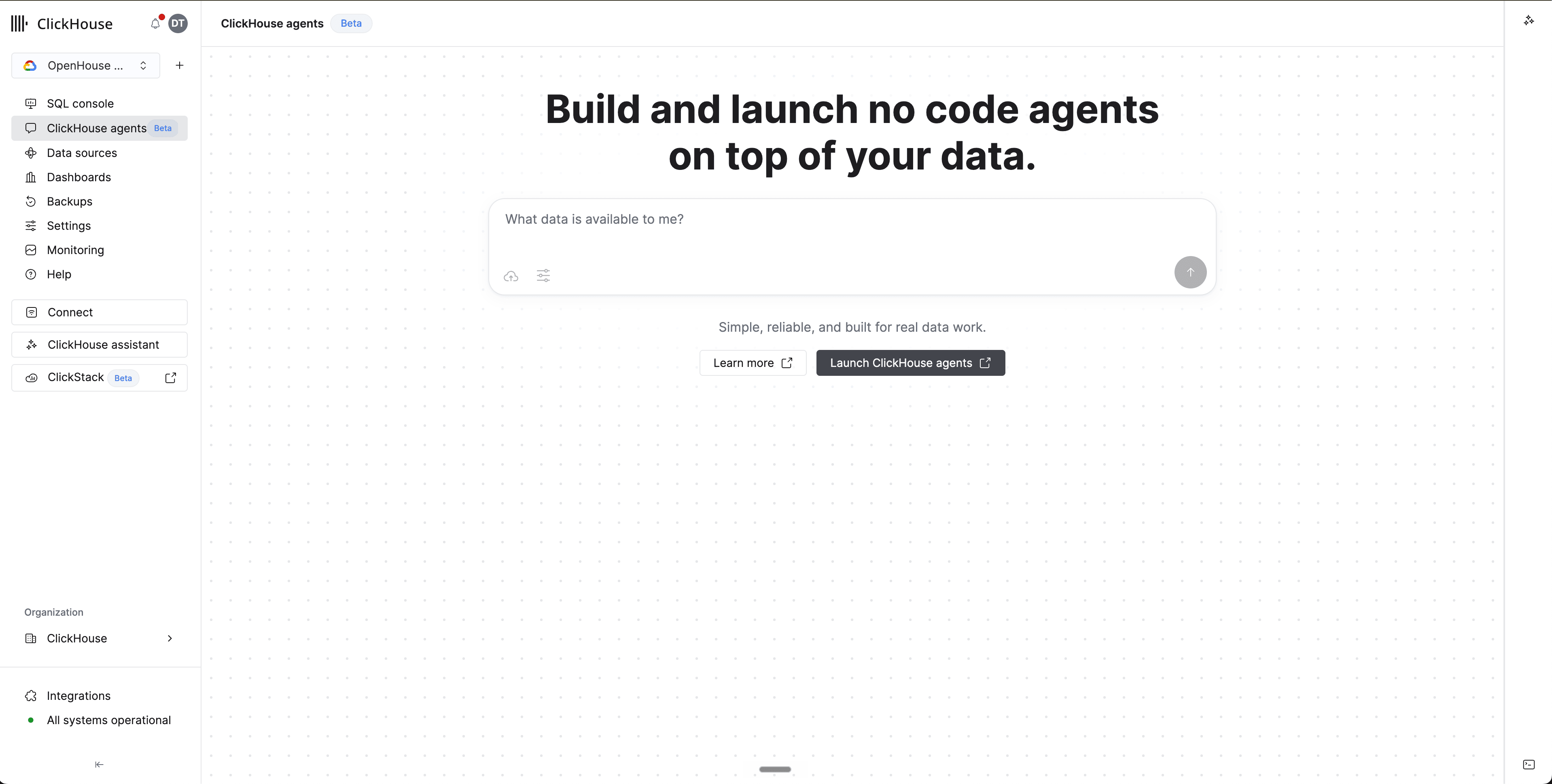 تنقّل خدمة Cloud مع تحديد ClickHouse agents (Beta)، مع ظهور صفحة الإطلاق التي تتضمن زر Launch ClickHouse agents