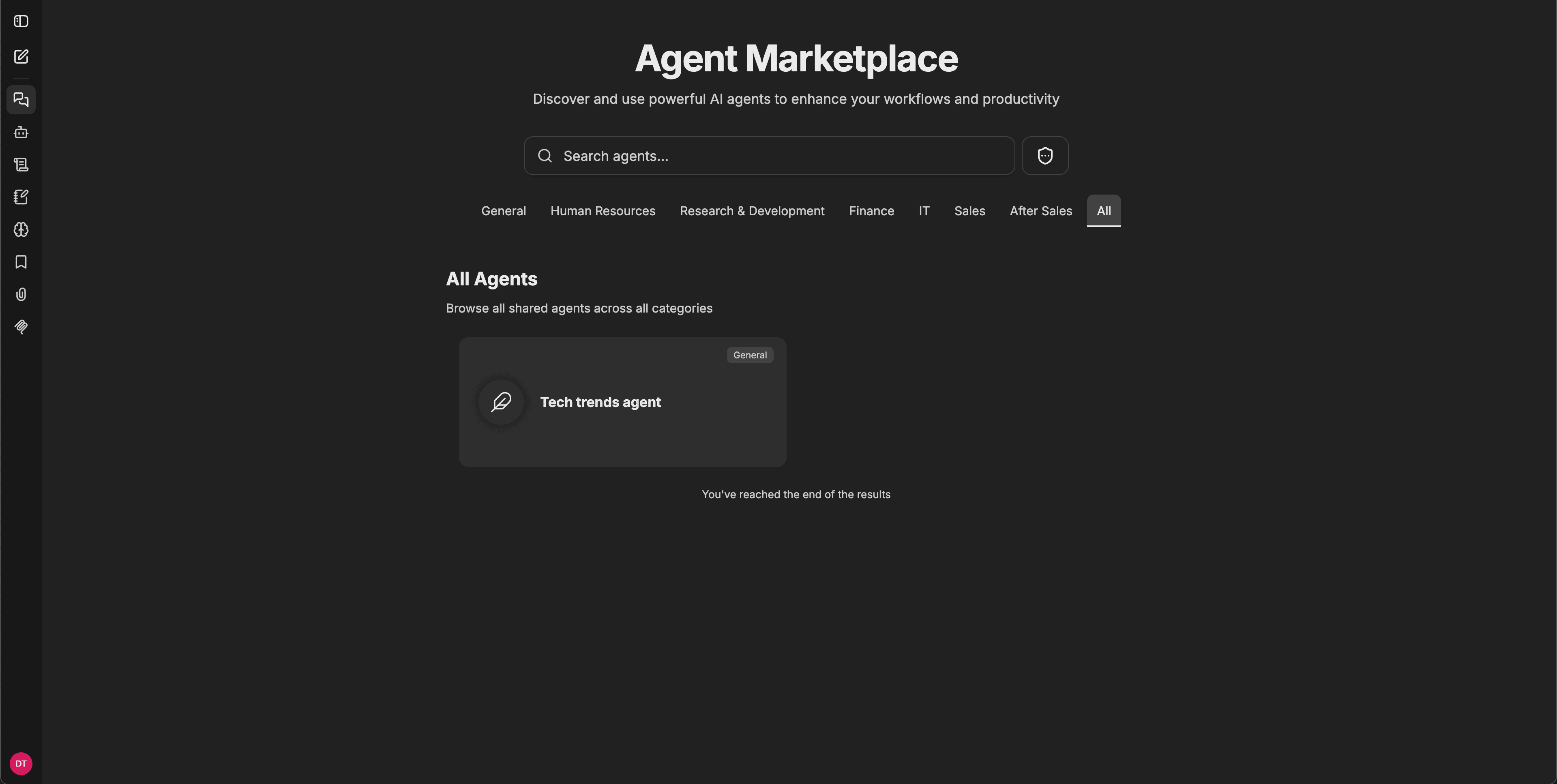 제목, 검색창, 카테고리 탭(General, Human Resources, Research and Development, Finance, IT, Sales, After Sales, All), 그리고 에이전트 카드가 표시된 에이전트 마켓플레이스 화면