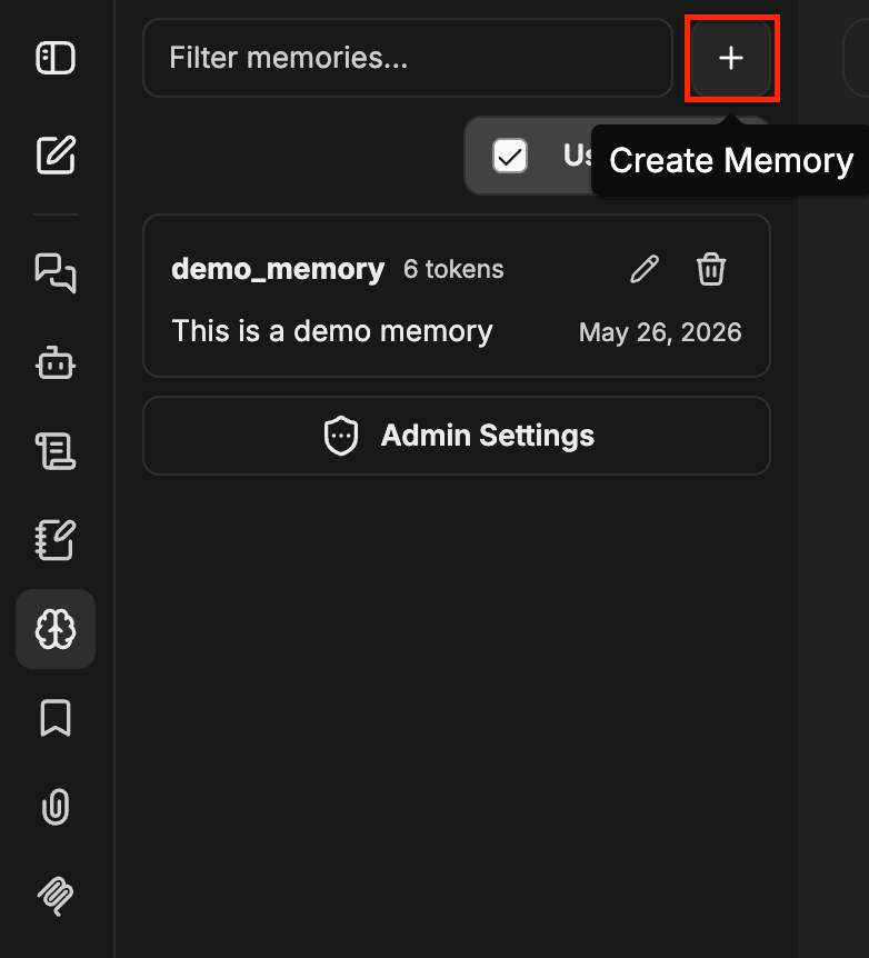 Painel de Memory com o botão + de Criar Memory destacado