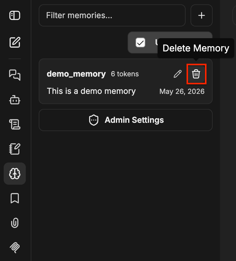 Entrada de Memory com o ícone de lixeira Excluir Memory destacado