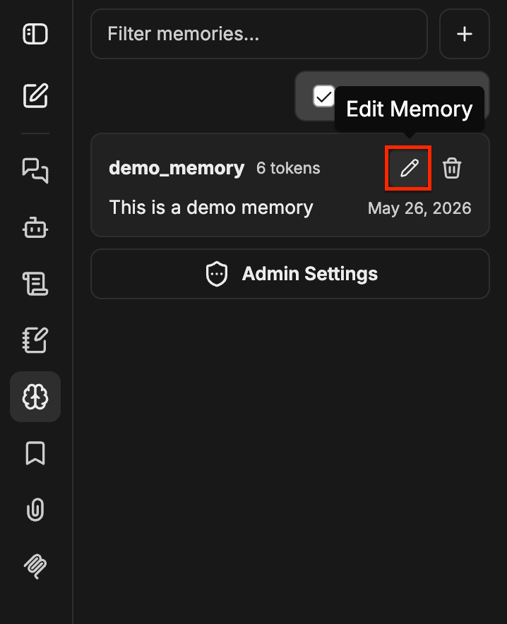 Entrada de Memory com o ícone de lápis de Editar Memory destacado