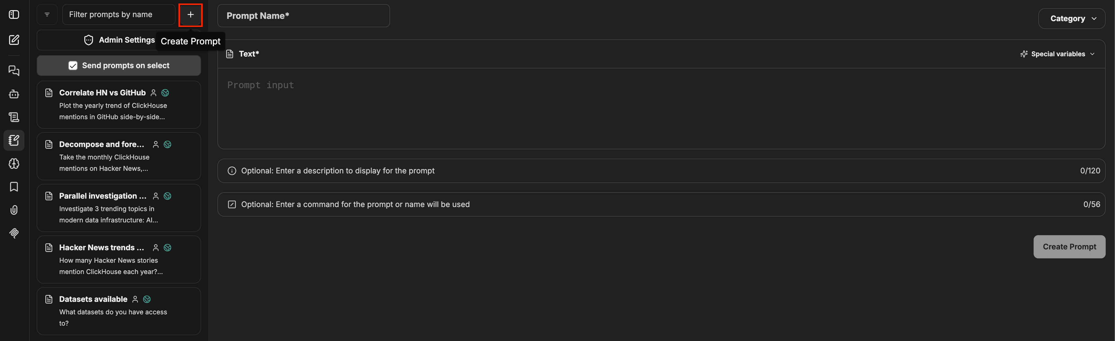 لوحة Prompts مع تمييز زر + على اليسار وفتح نموذج Create Prompt على اليمين، ويعرض حقول Prompt Name وText وCategory وSpecial variables وDescription وCommand، مع زر Create Prompt