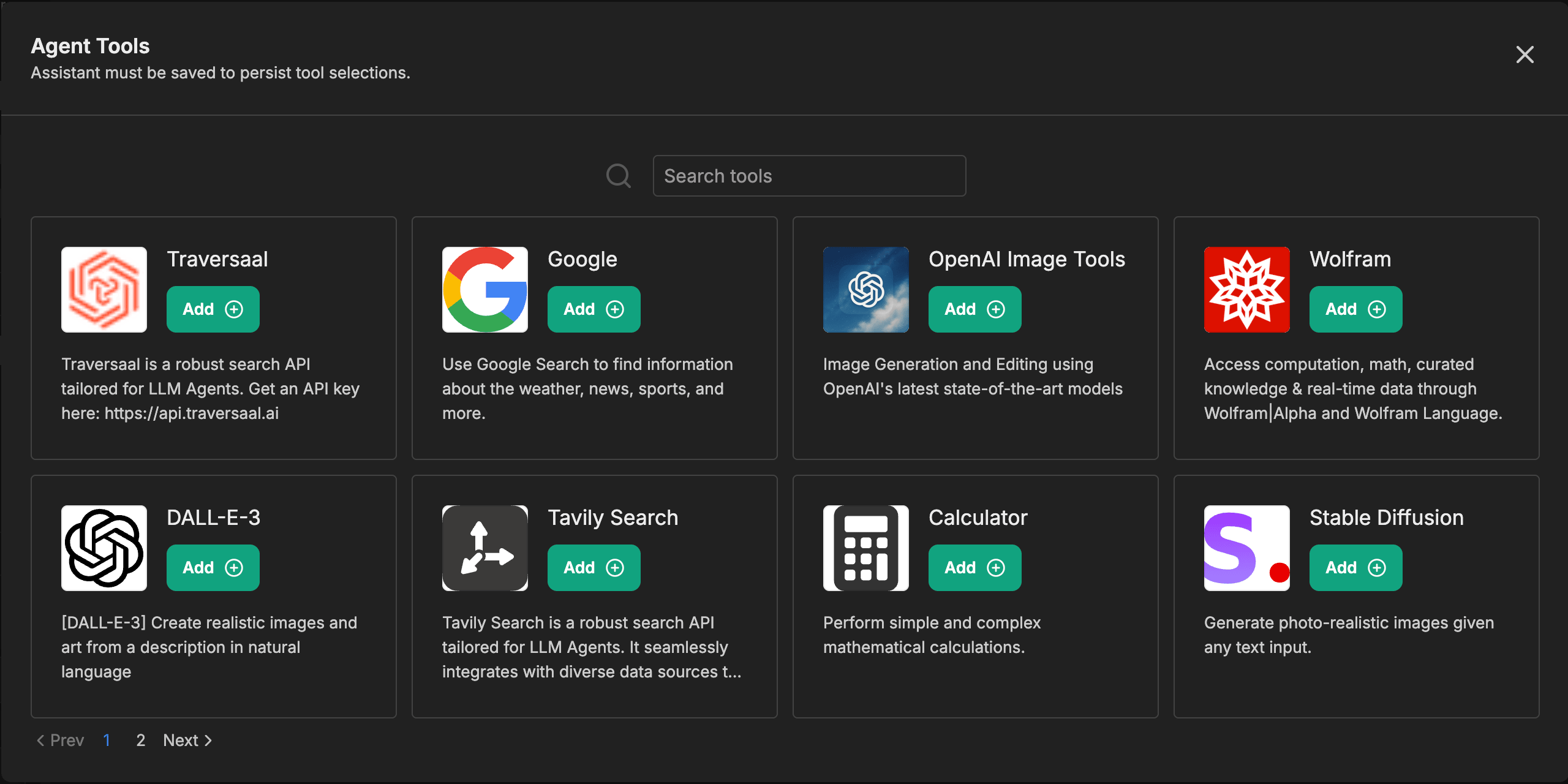 نافذة Agent Tools تعرض شبكة من التكاملات الخارجية، بما في ذلك Google وOpenAI Image Tools وWolfram وDALL-E-3 وTavily Search وCalculator وStable Diffusion