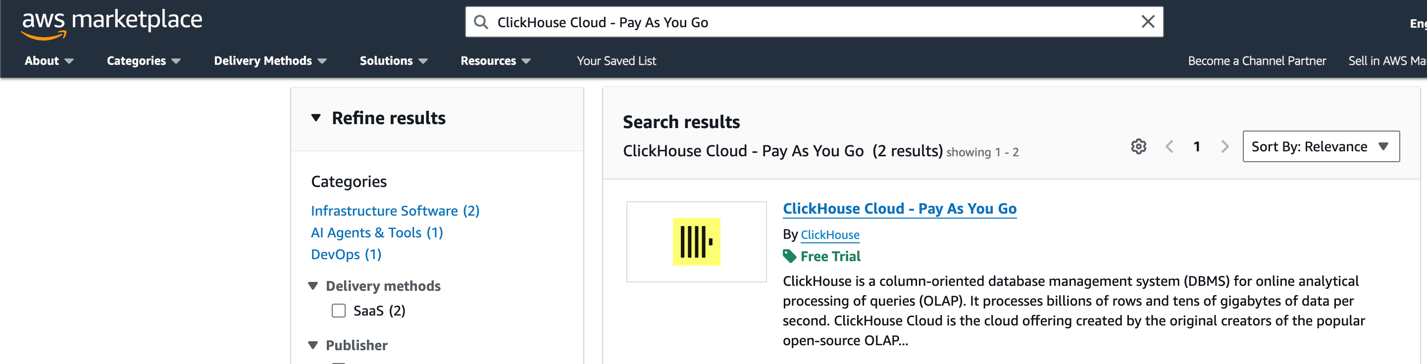 البحث عن ClickHouse في AWS Marketplace