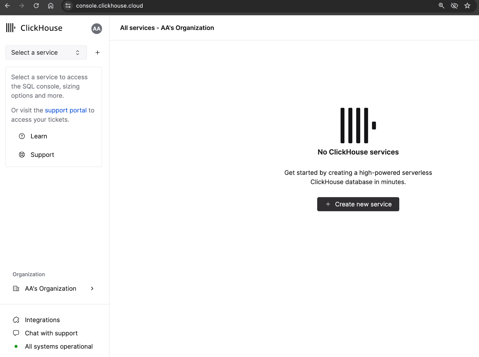 صفحة الخدمات الجديدة في ClickHouse Cloud