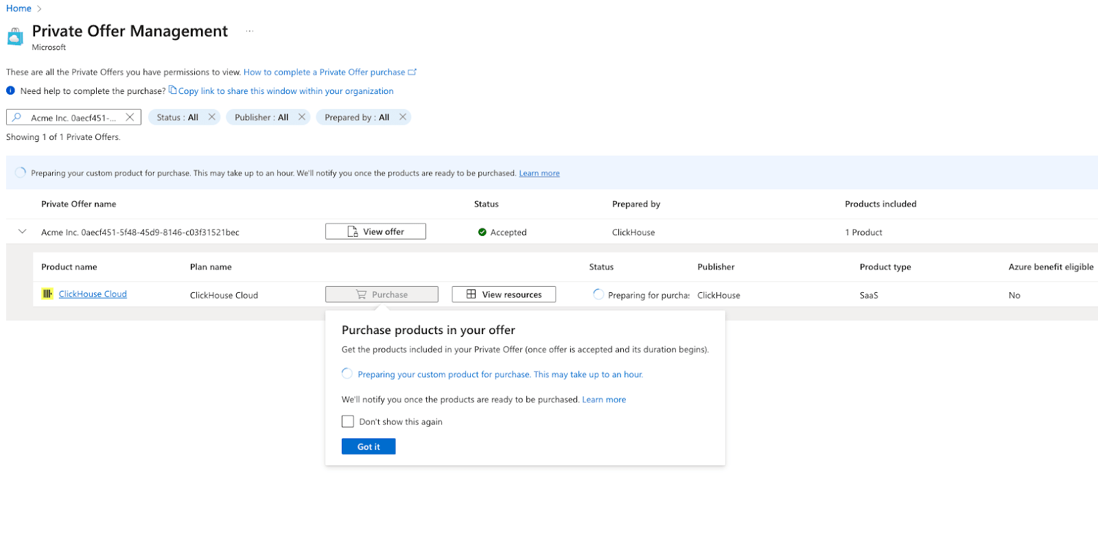 صفحة إدارة العرض الخاص في Azure Marketplace