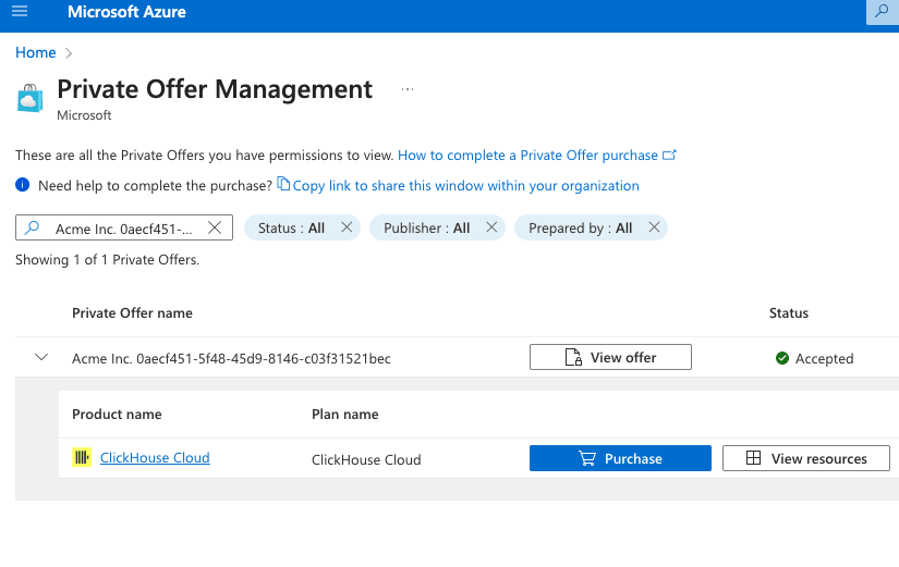 صفحة إدارة العرض الخاص في Azure Marketplace مع تفعيل الشراء