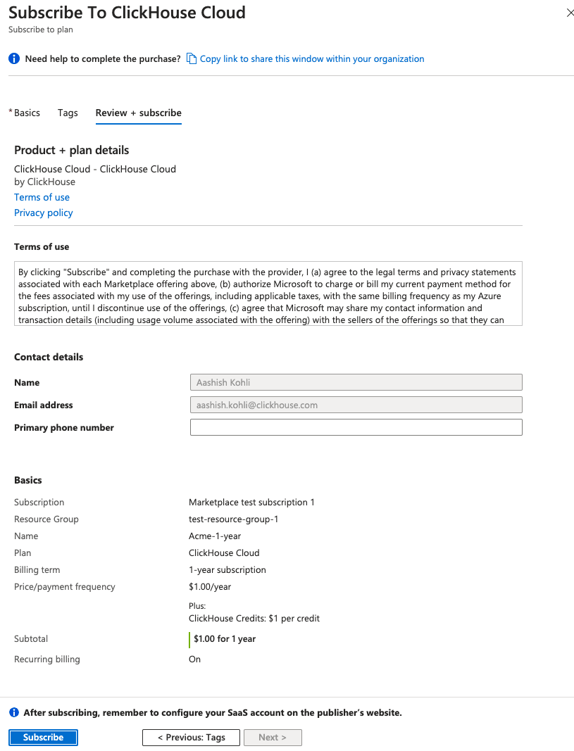 تأكيد الاشتراك في Azure Marketplace