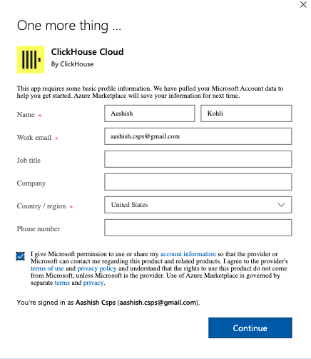 معلومات نموذج التسجيل في ClickHouse Cloud