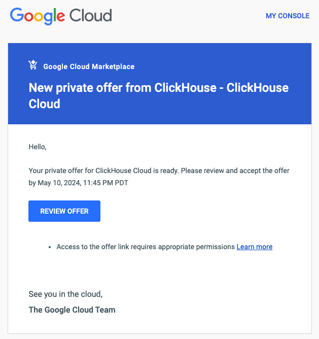 رسالة البريد الإلكتروني الخاصة بالعرض الخاص في GCP Marketplace