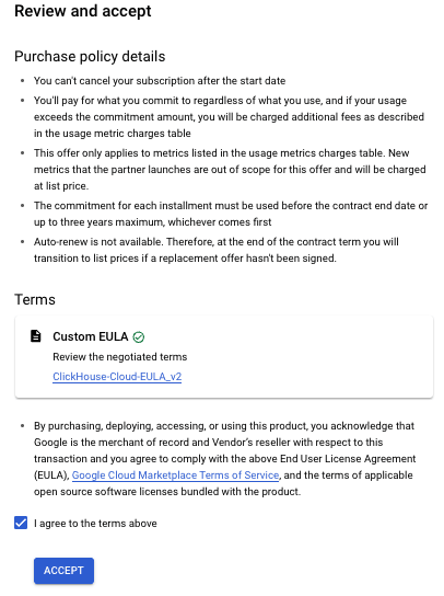صفحة القبول في GCP Marketplace