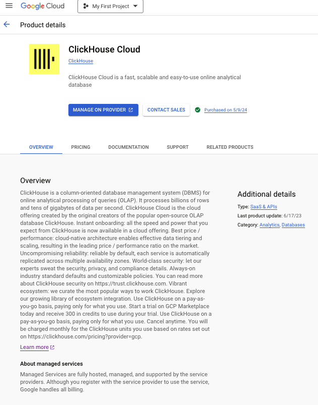 صفحة ClickHouse Cloud في GCP Marketplace