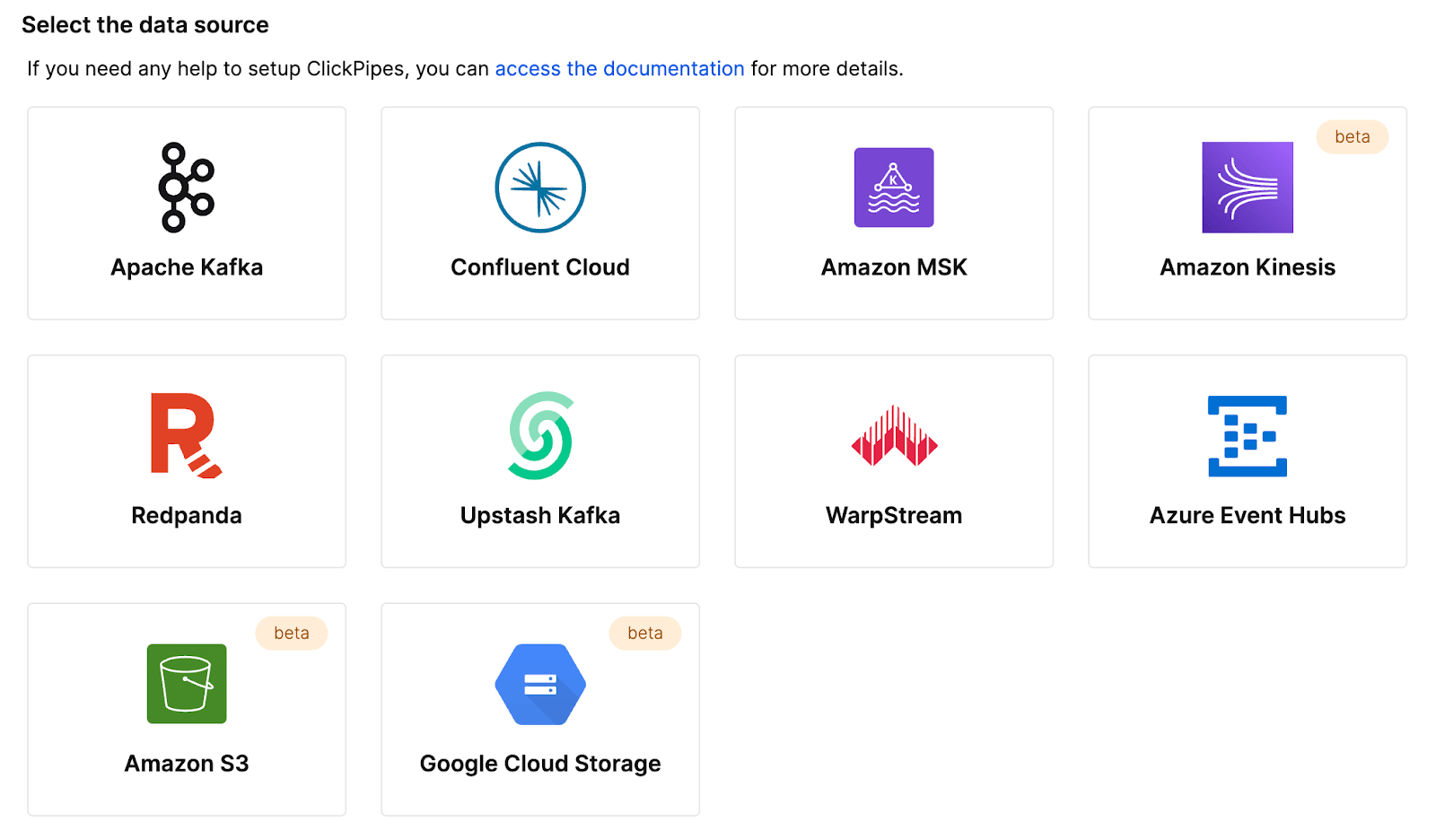 Amazon Kinesis 통합 구성 옵션을 보여주는 ClickPipes 인터페이스