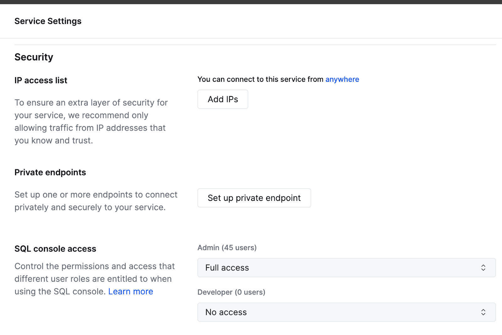 보안 설정에서 Private Endpoint 설정 인터페이스를 보여주는 ClickHouse Cloud 콘솔