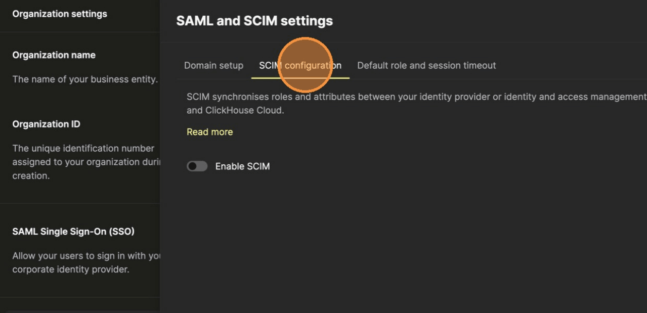 الانتقال إلى علامة تبويب تكوين SCIM في إعدادات المؤسسة