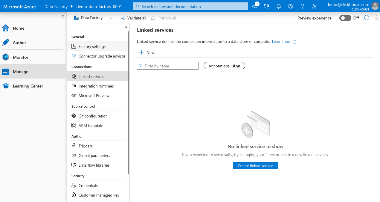 Azure Data Factory 새 Linked Service 버튼