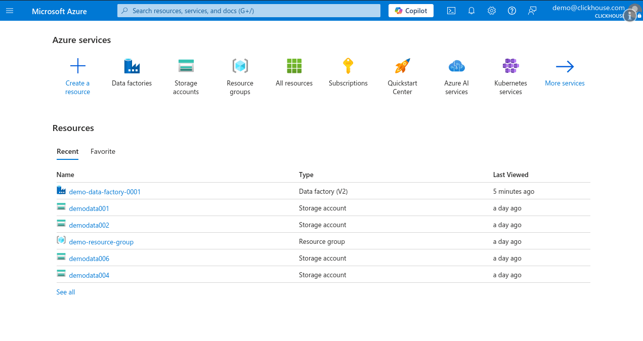 Data Factory가 있는 Azure Portal 홈 페이지