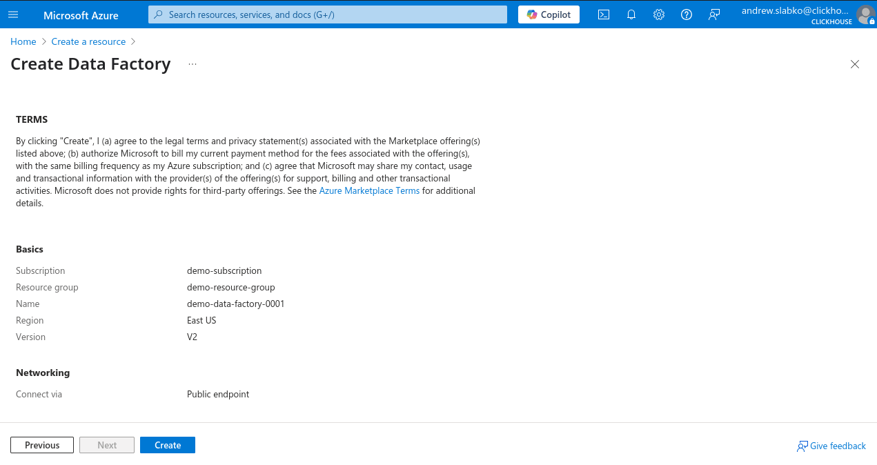 Azure Portal 새 Data Factory 확인