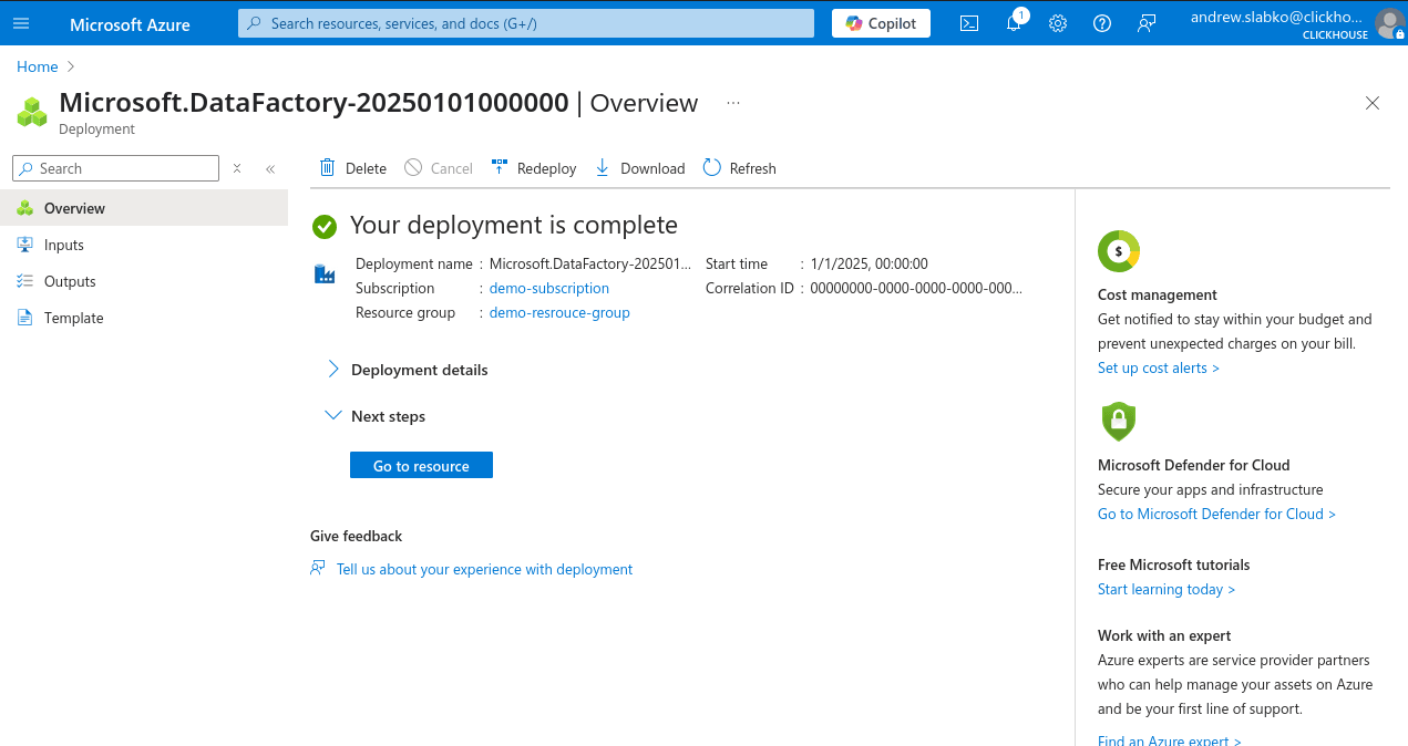 Azure Portal 새 Data Factory 성공