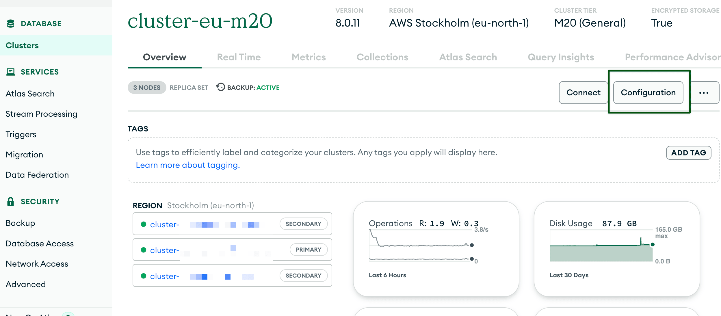 Acesse a configuração do cluster