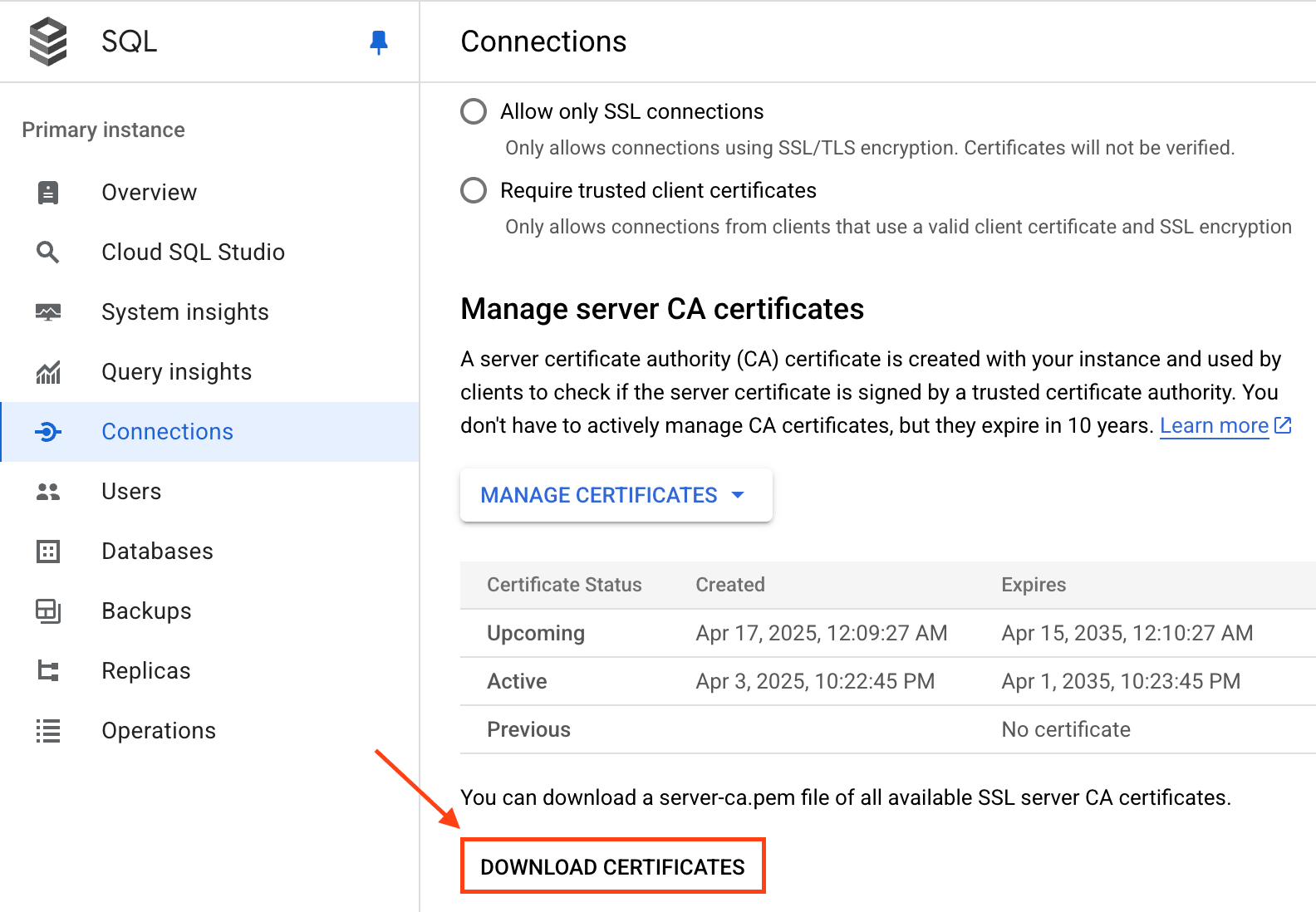下载 GCP MySQL 证书