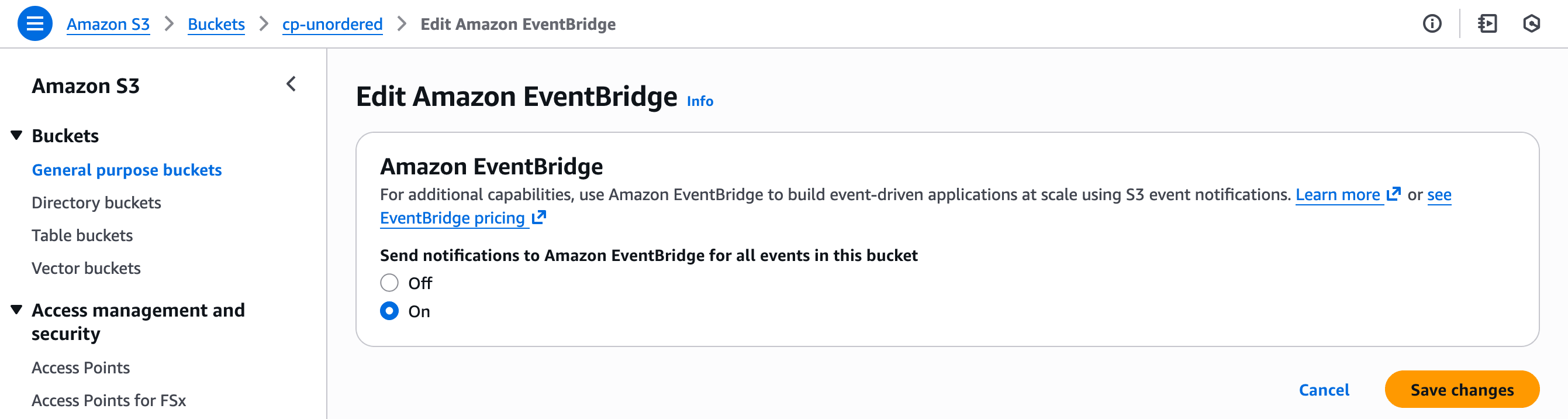 Activation des notifications Amazon EventBridge dans les propriétés du bucket S3