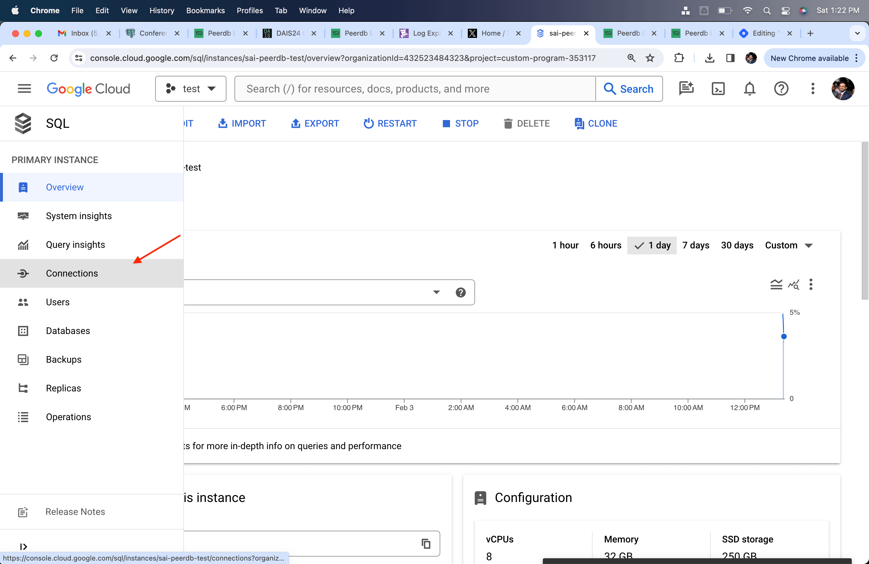 Section Connections dans Cloud SQL