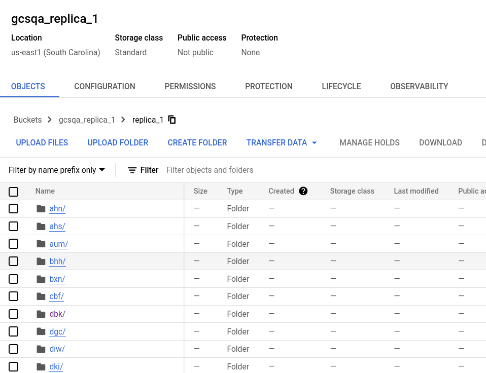 데이터 파티션이 포함된 폴더 구조를 보여주는 Google Cloud Storage의 레플리카 1용 버킷