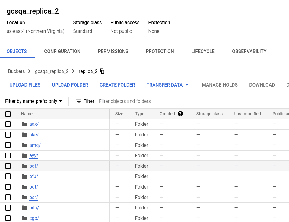 데이터 파티션이 있는 폴더 구조를 보여주는 Google Cloud Storage의 레플리카 2 버킷