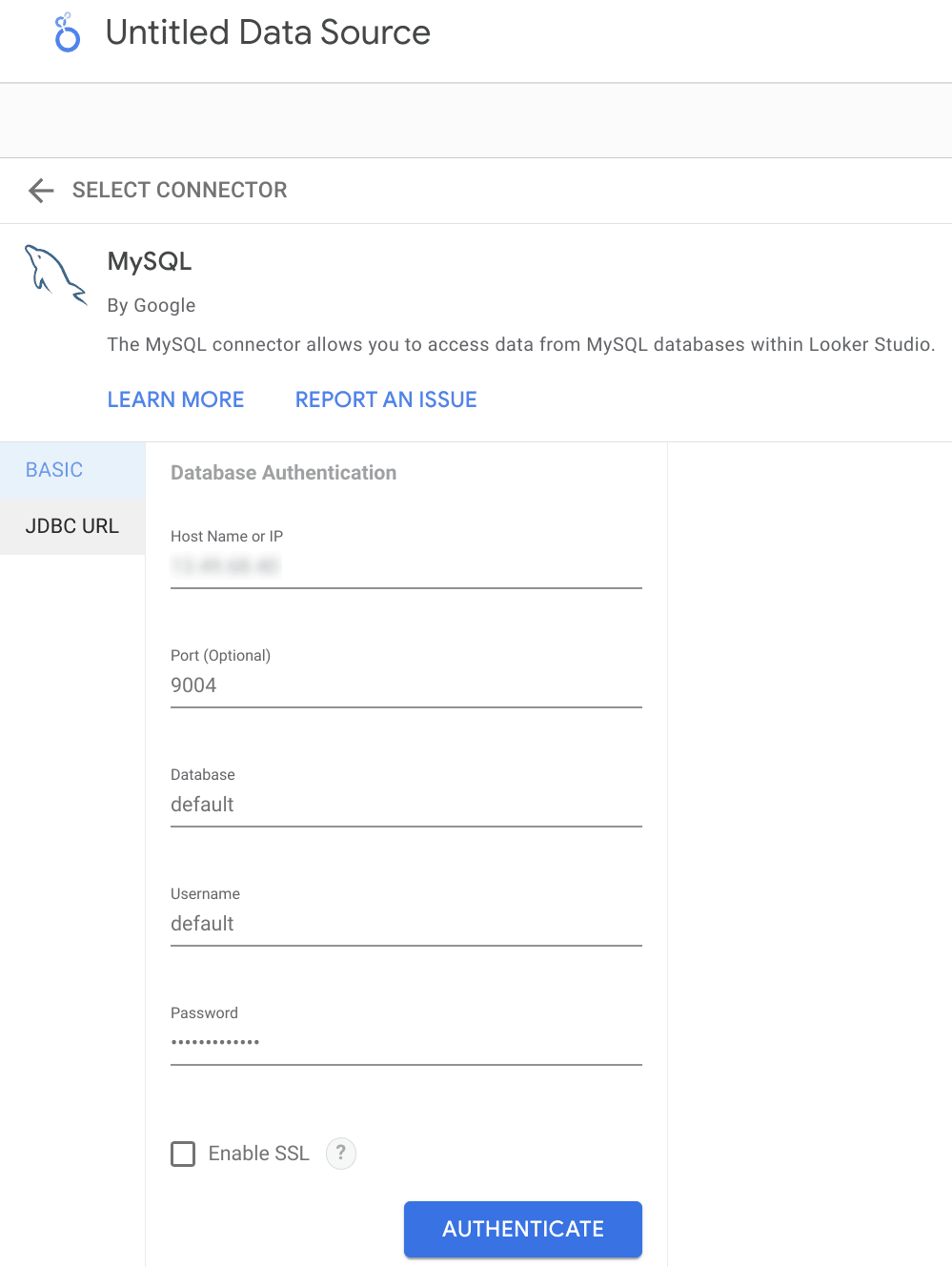 Looker Studio에서 ClickHouse MySQL 연결 정보 입력