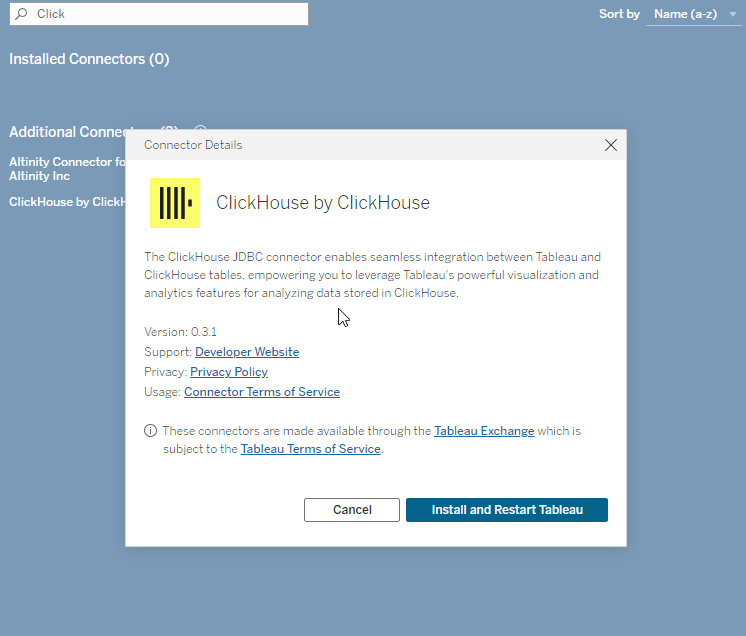 ClickHouse JDBC 커넥터 세부 정보와 설치 버튼이 표시된 Tableau 커넥터 설치 대화 상자