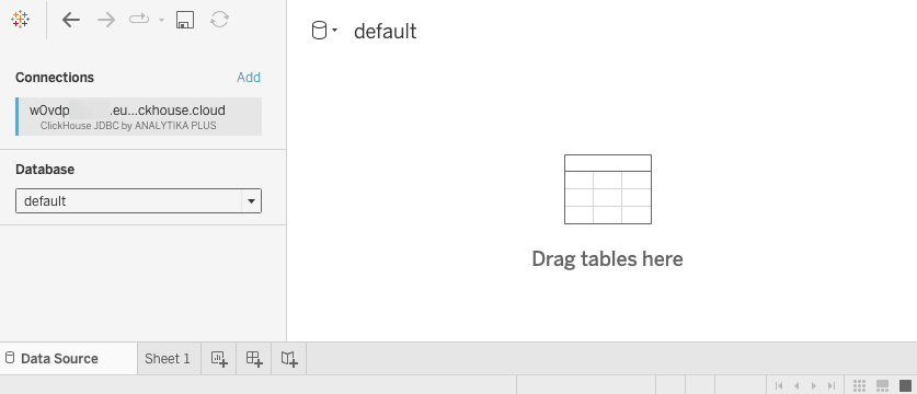 데이터베이스 선택 옵션이 표시된 초기 연결 화면을 보여주는 새 Tableau 워크북