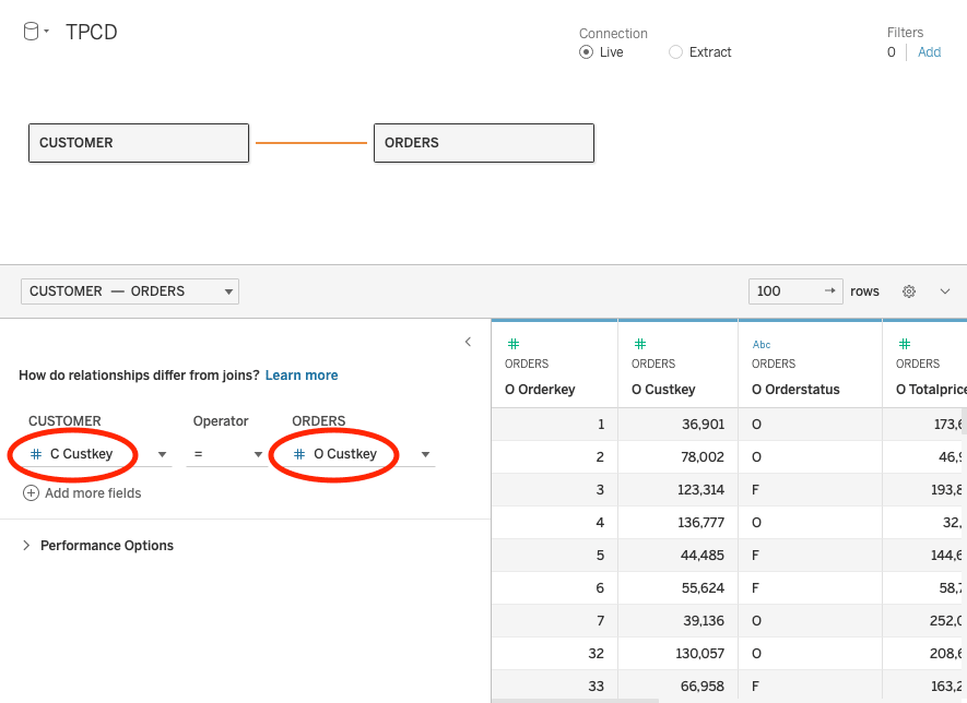 Custkey 필드를 사용해 CUSTOMER 테이블과 ORDERS 테이블 간 연결을 보여주는 Tableau 관계 편집기