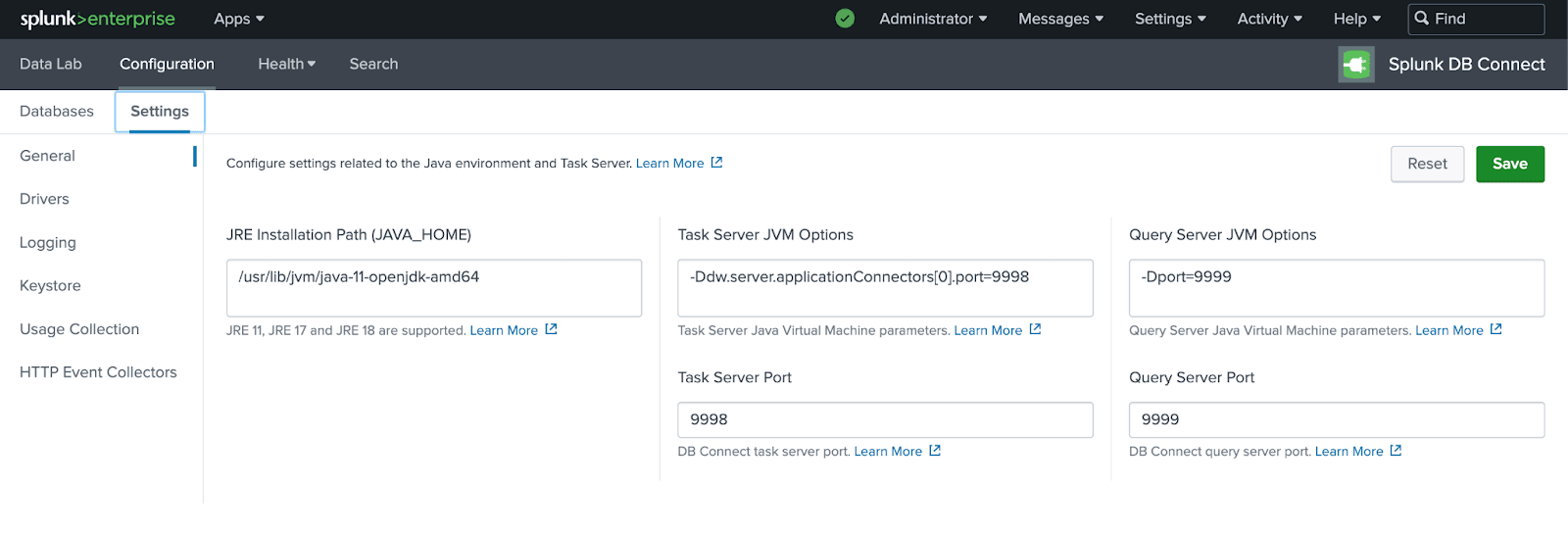 صفحة إعدادات Splunk DB Connect التي تعرض إعداد Java Home