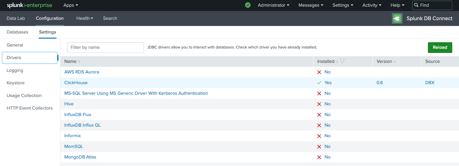 صفحة برامج التشغيل في Splunk DB Connect تعرض تثبيت برنامج تشغيل ClickHouse بنجاح