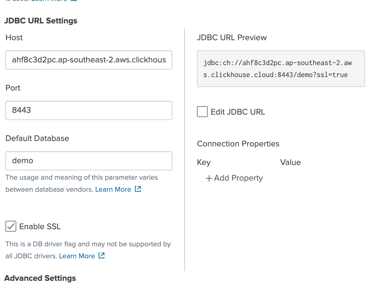 صفحة إعداد اتصال Splunk لـ ClickHouse