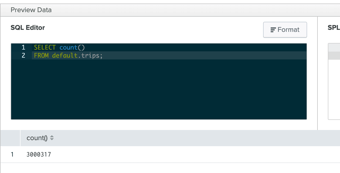 تنفيذ استعلام SQL في Splunk لعرض عدد السجلات في جدول trips
