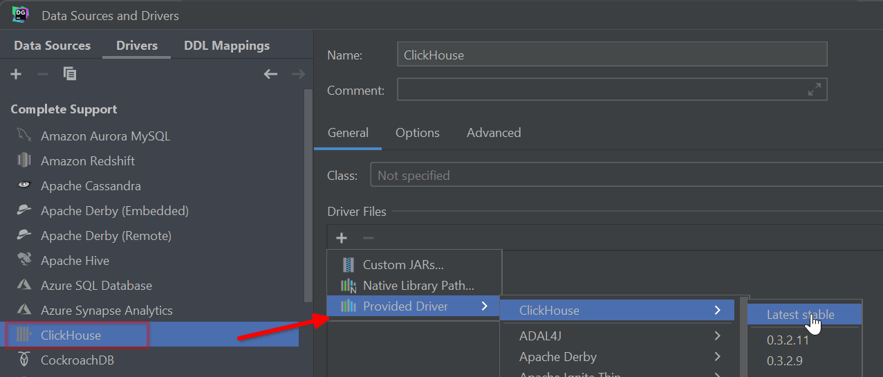 ClickHouse 드라이버 설치를 보여주는 DataGrip Drivers 탭