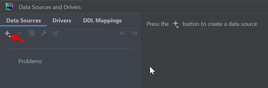 DataGrip Data Sources 탭에서 + 아이콘이 강조 표시된 모습