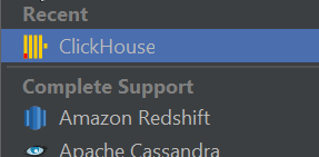 DataGrip 데이터 소스 목록에서 ClickHouse를 선택하는 모습
