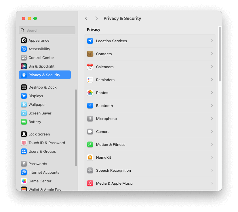 Vue par défaut des réglages MacOS Confidentialité et sécurité