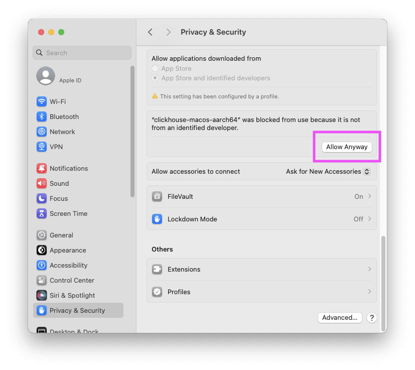 Réglages MacOS Confidentialité et sécurité affichant le bouton Autoriser quand même