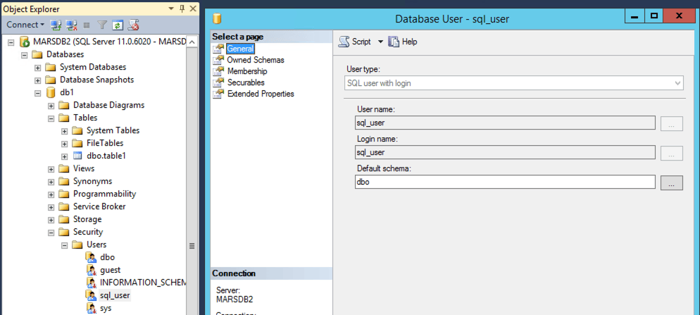 مستخدم قاعدة بيانات في MSSQL مرتبط بتسجيل دخول