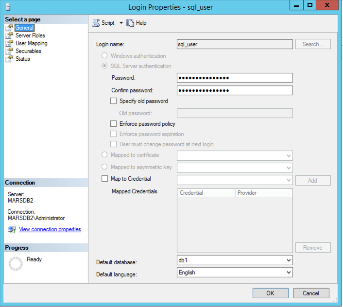 إعداد مستخدم تسجيل الدخول في MSSQL