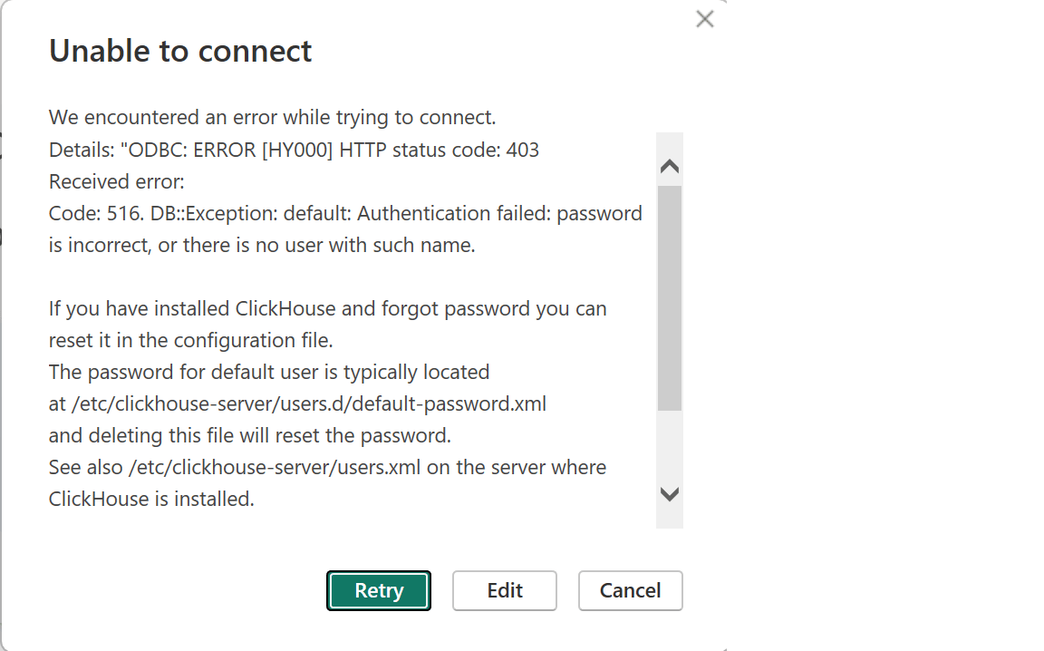 Caixa de diálogo de erro de autenticação do ODBC no Power BI