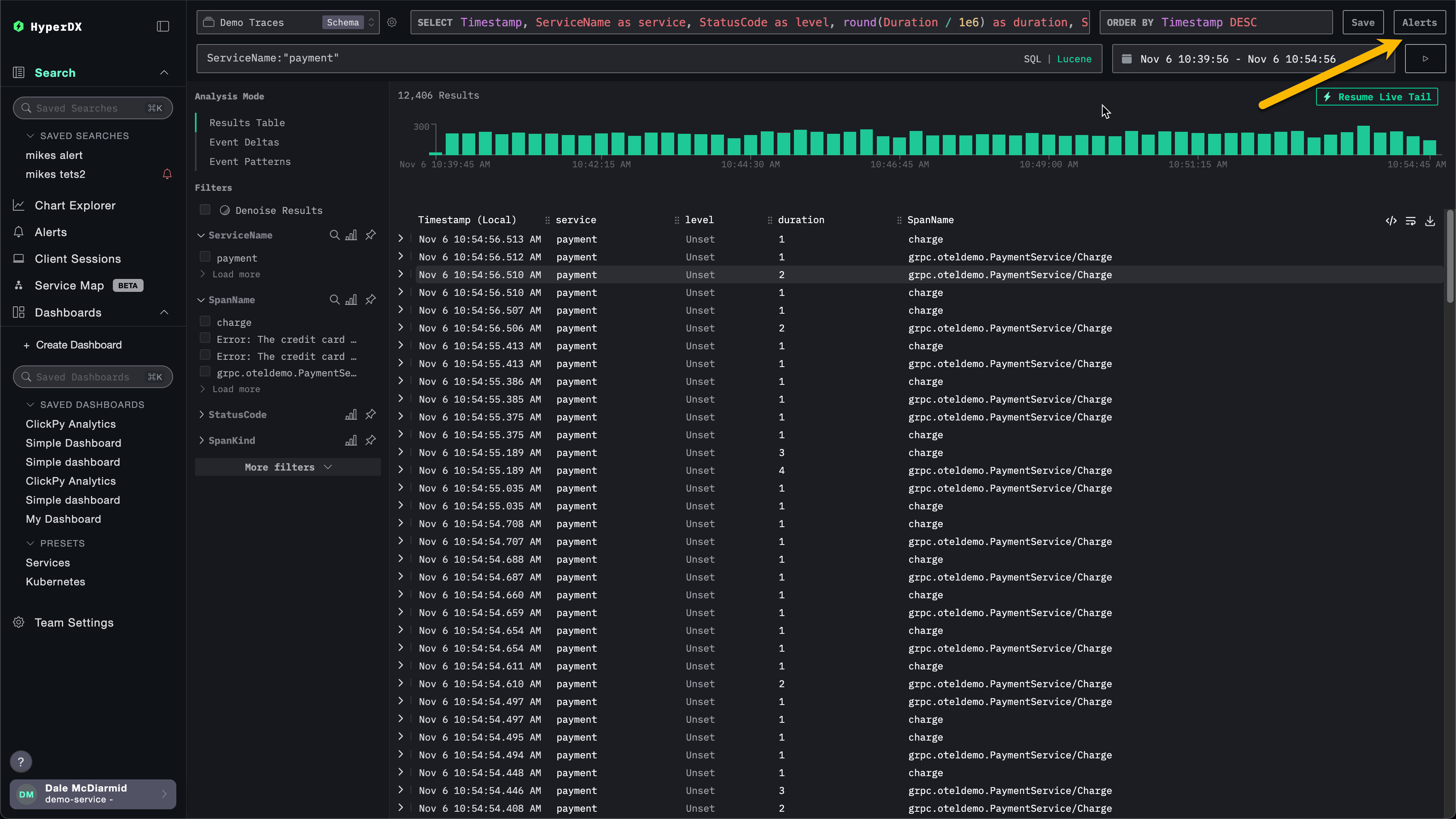 Vue Search des alertes